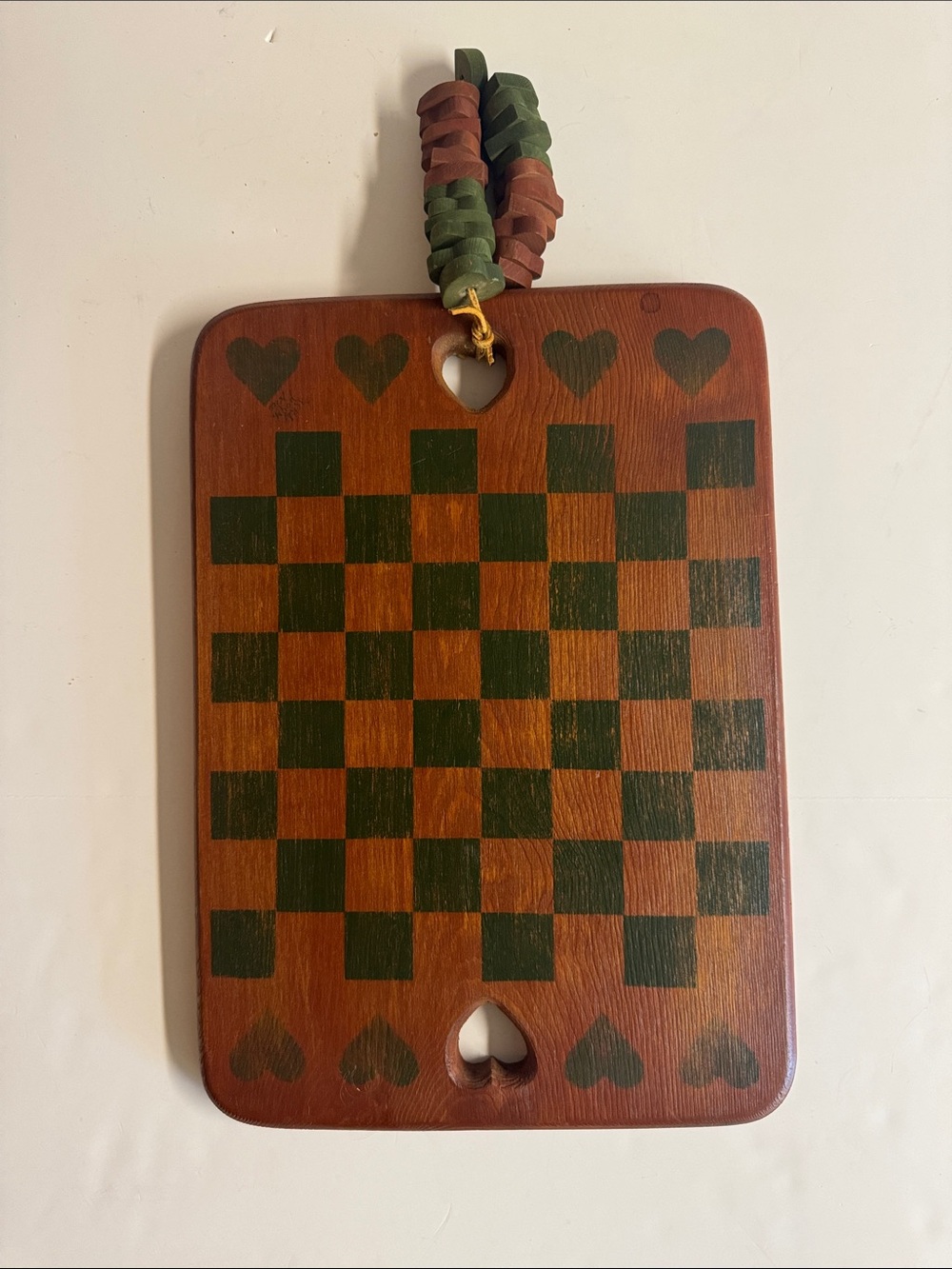 Vintage Handcrafted Wooden Rustic Checkers Board Set in Green and Brown